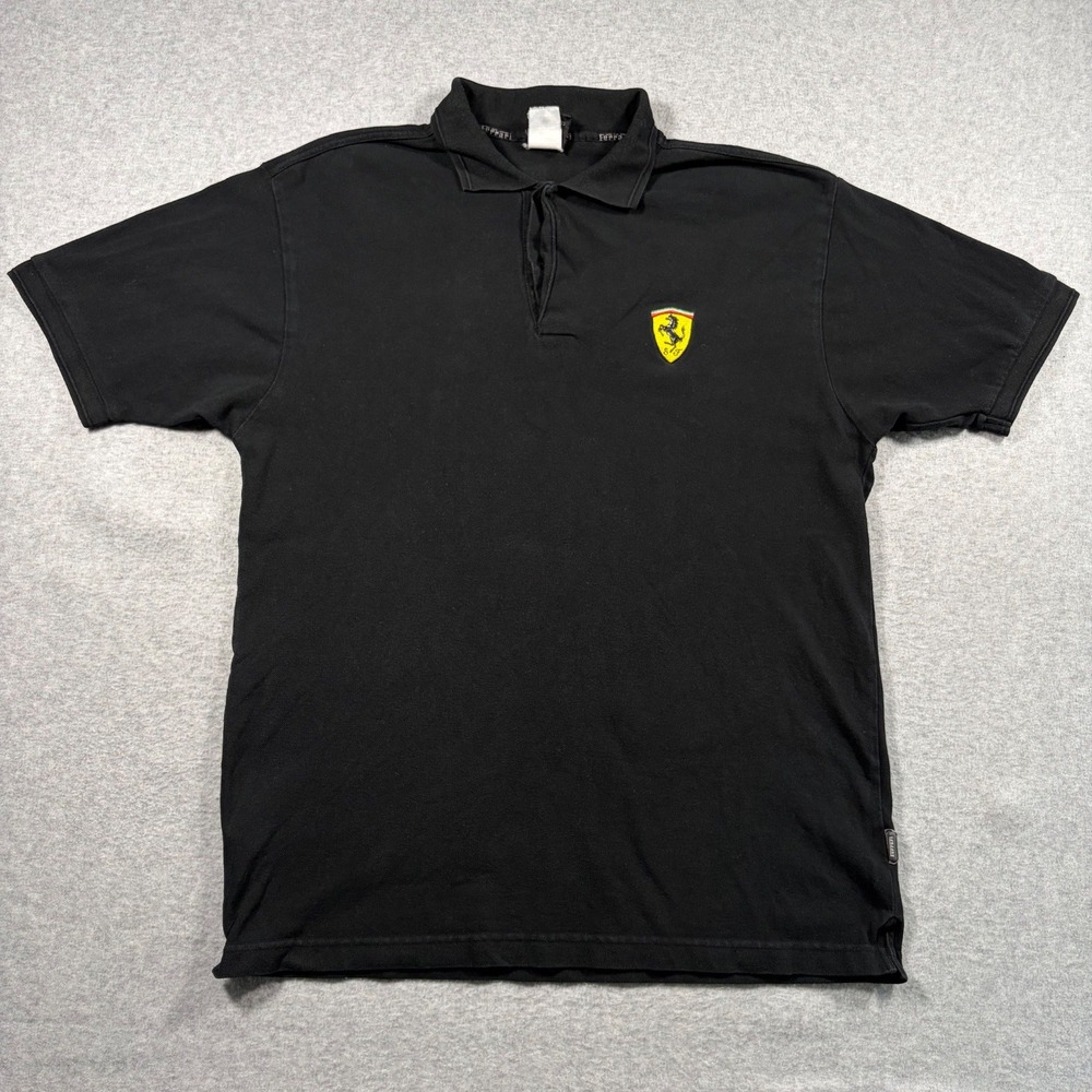 Vintage Ferrari Polo Shirt Mens XL Black Short Sleeve Embroidered Shield Logo